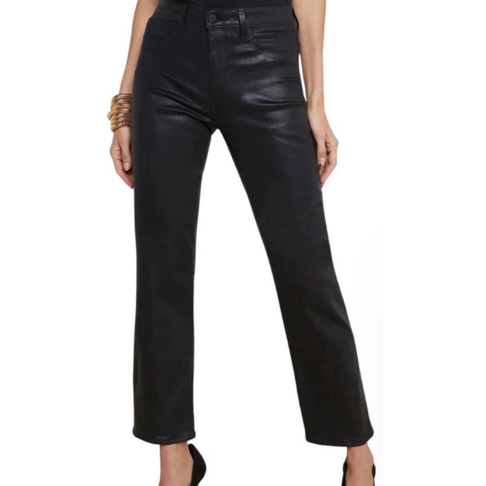 NWOT L'AGENCE Black Ginny High Rise Straight Noir Waxed Zip Ankle Pants SIZE 26